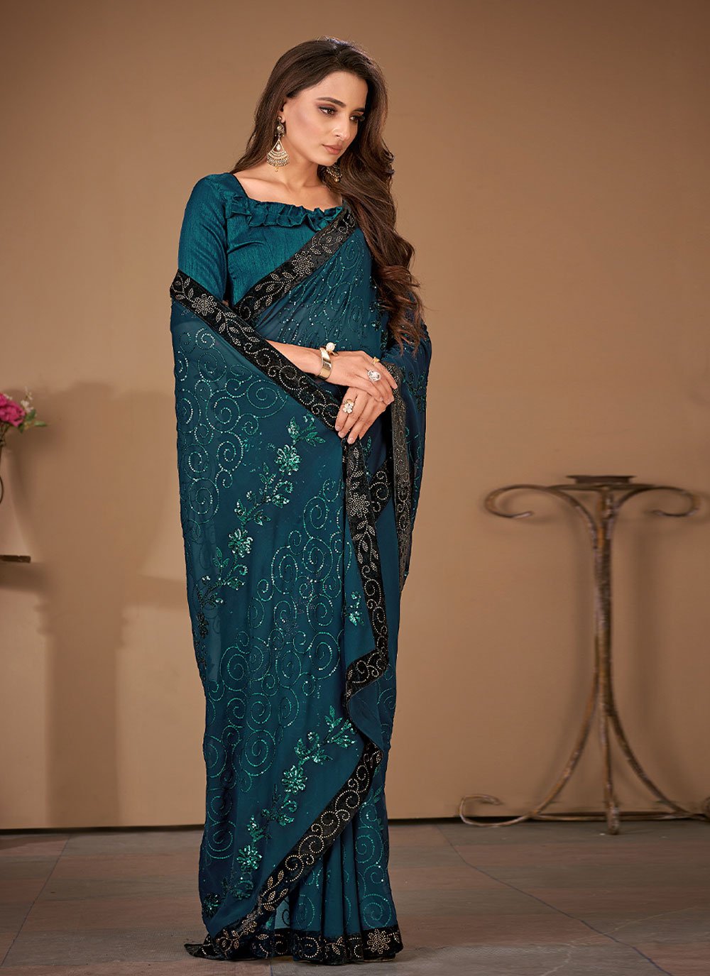 Designer Bembarg Georgette Turquoise Patch Border Saree