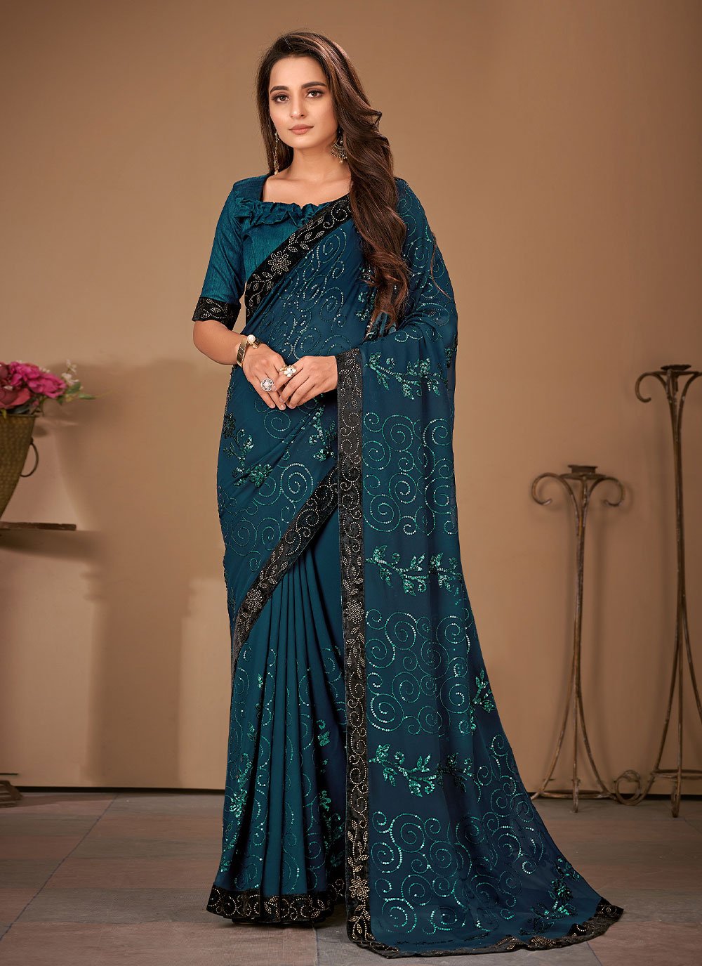 Designer Bembarg Georgette Turquoise Patch Border Saree