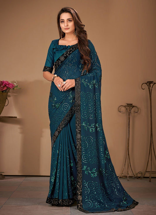 Designer Bembarg Georgette Turquoise Patch Border Saree