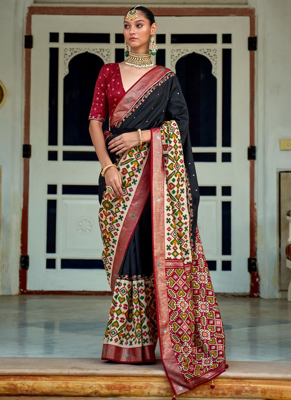 Classic Patola Silk Black Aari Work Saree