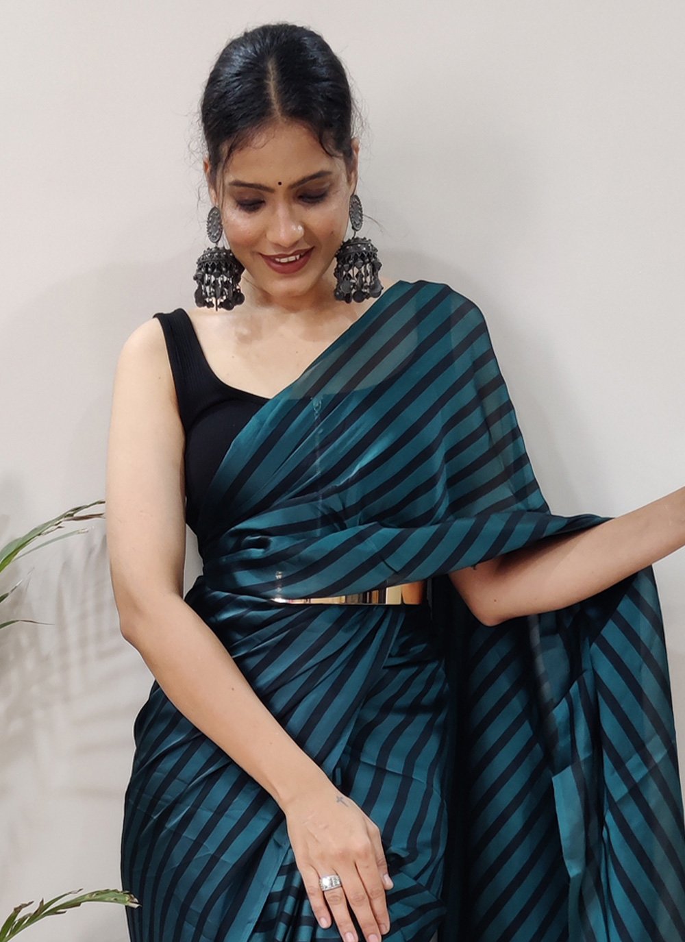 Contemporary Rangoli Silk Black Blue Strips Print Saree