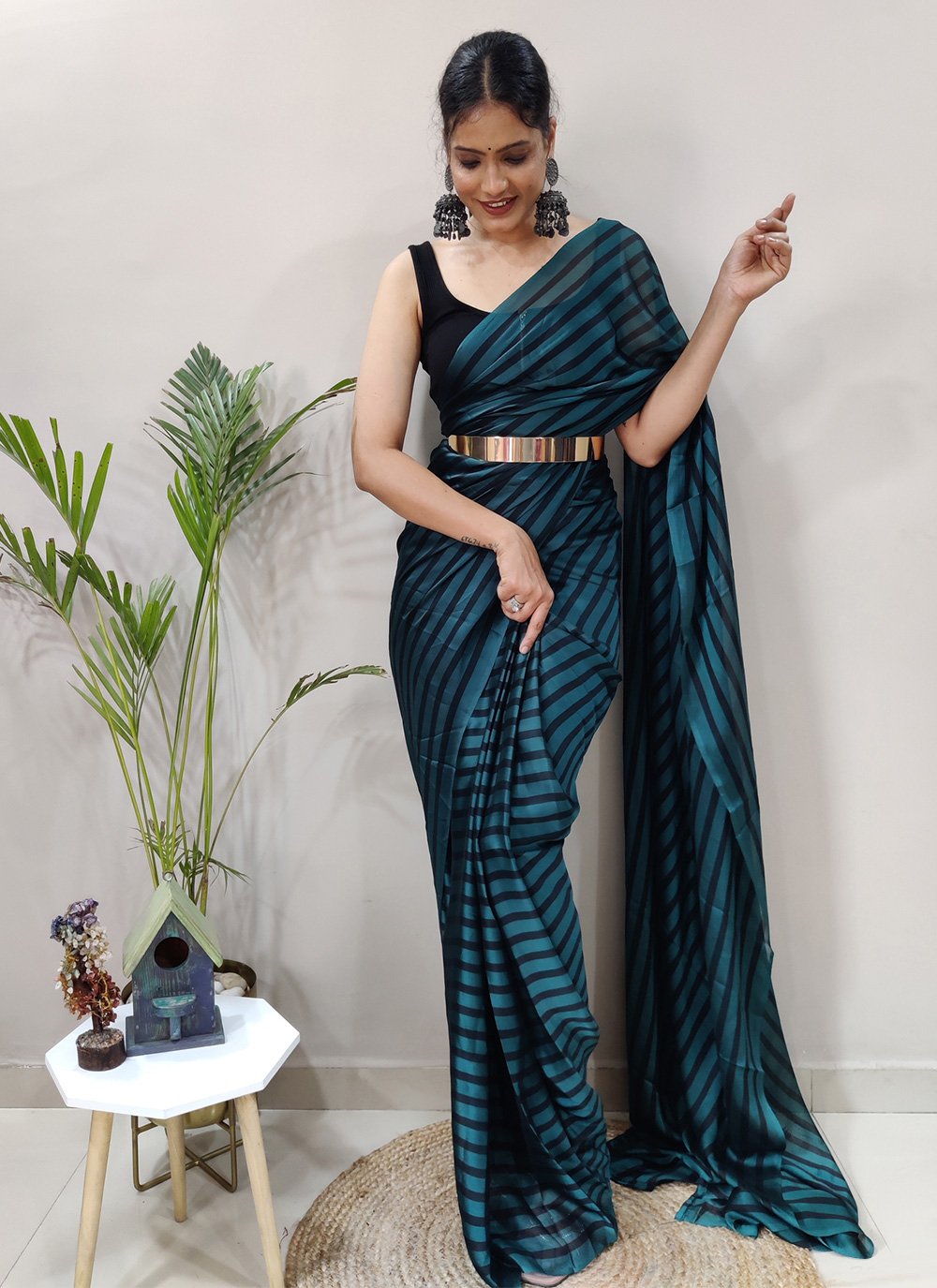 Contemporary Rangoli Silk Black Blue Strips Print Saree