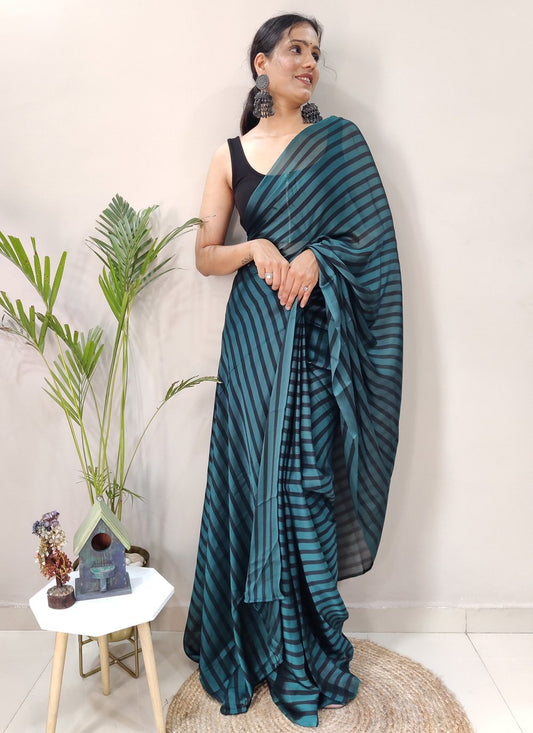 Contemporary Rangoli Silk Black Blue Strips Print Saree