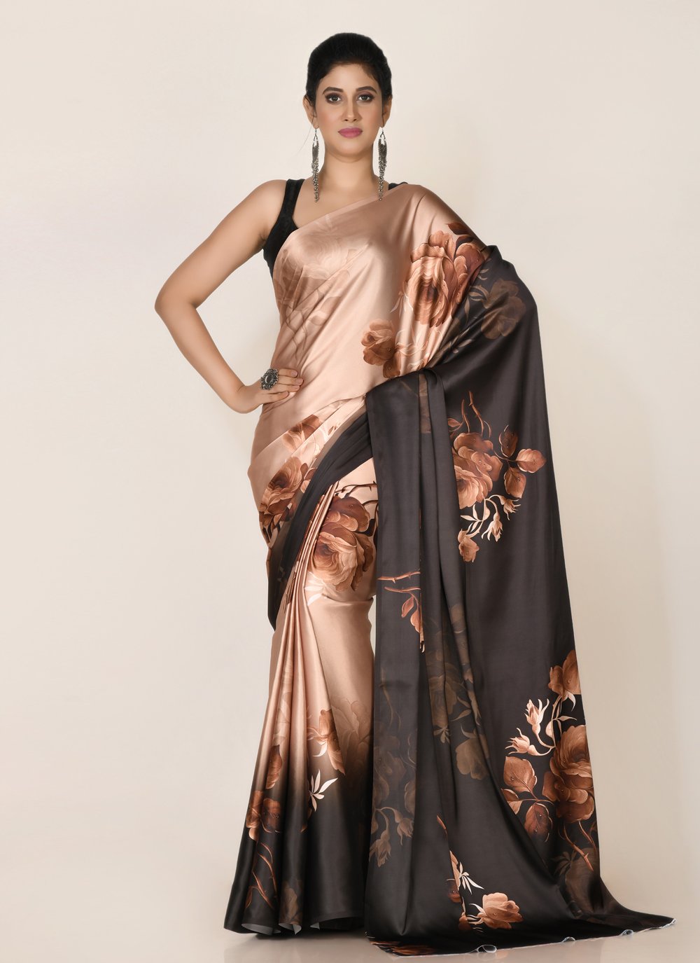 Shaded Saree Satin Black Brown Digital Print Saree