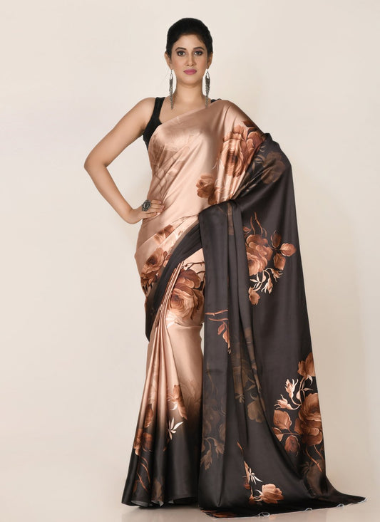 Shaded Saree Satin Black Brown Digital Print Saree