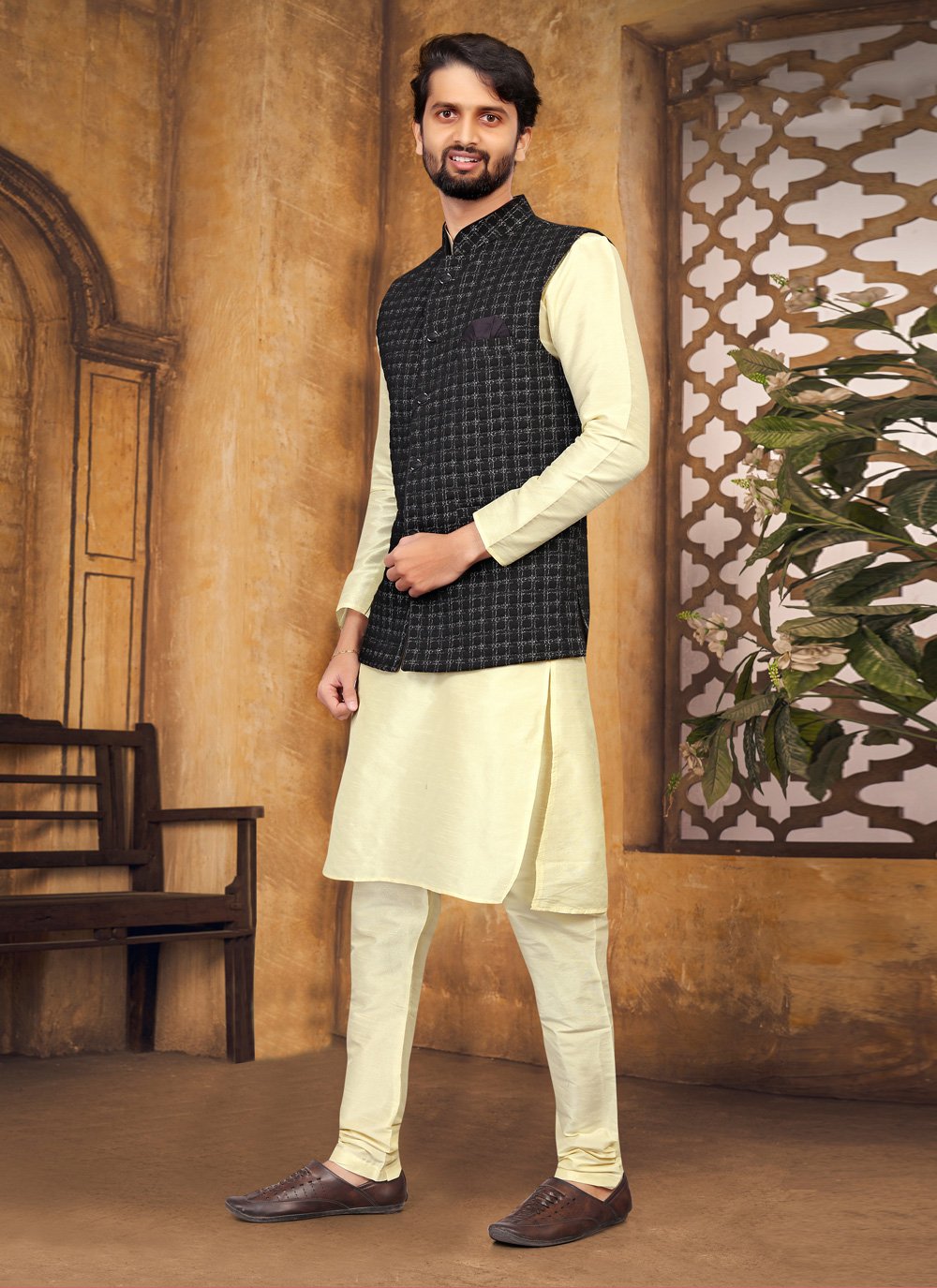 Kurta Payjama With Jacket Silk Black Cream Fancy Work Mens