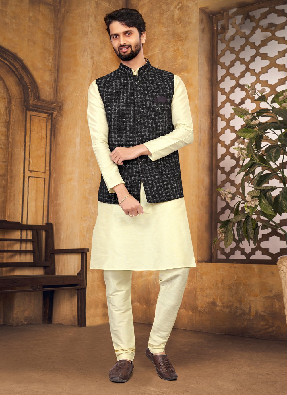 Kurta Payjama With Jacket Silk Black Cream Fancy Work Mens