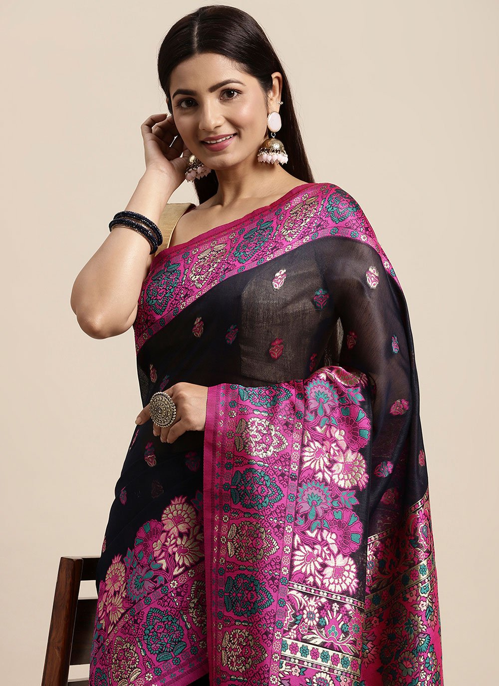 Classic Cotton Black Fuchsia Woven Saree