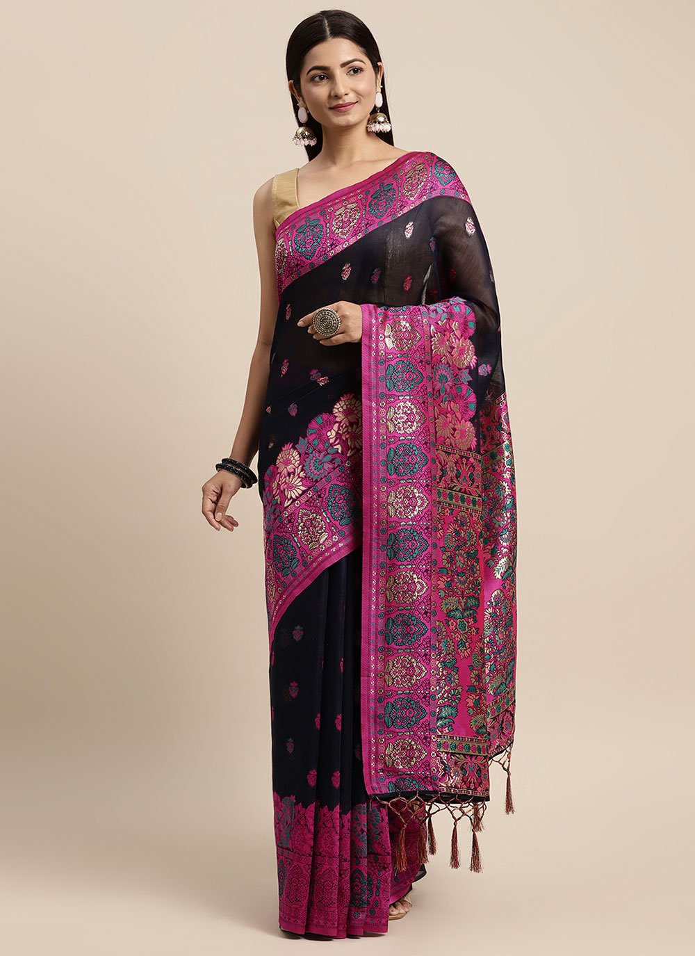 Classic Cotton Black Fuchsia Woven Saree