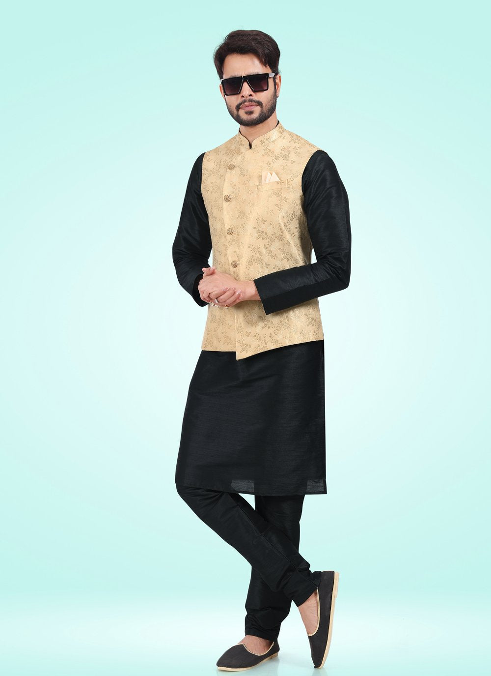 Kurta Payjama With Jacket Banarasi Jacquard Black Gold Fancy Work Mens