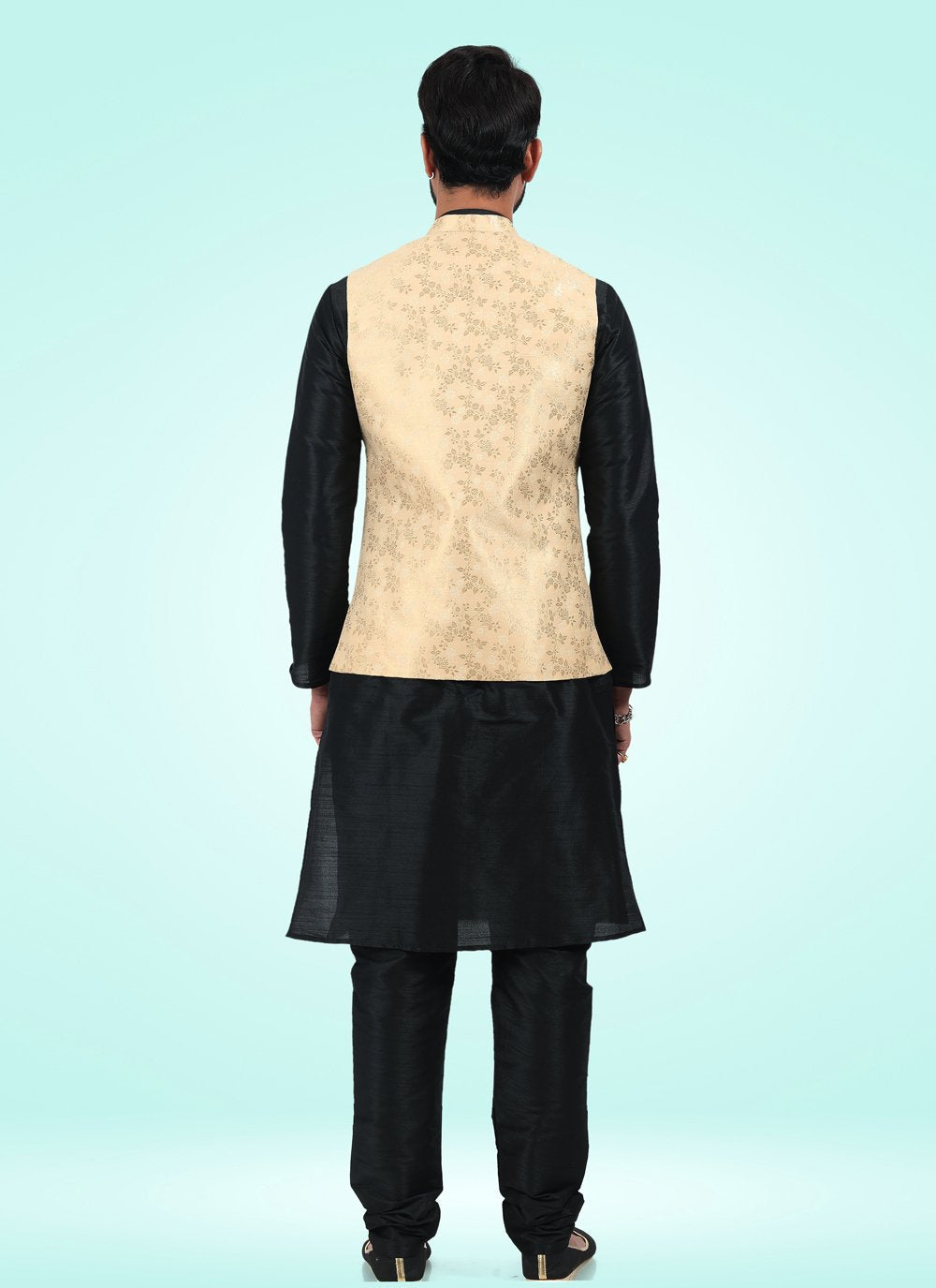 Kurta Payjama With Jacket Banarasi Jacquard Black Gold Fancy Work Mens