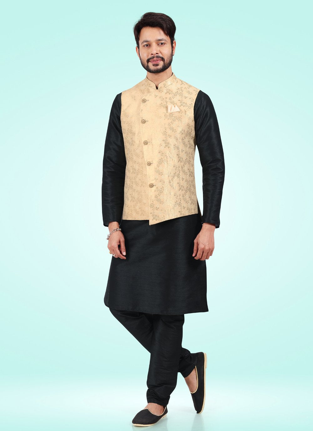 Kurta Payjama With Jacket Banarasi Jacquard Black Gold Fancy Work Mens