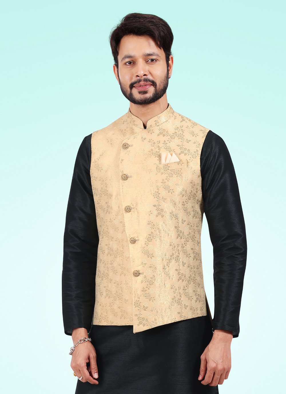 Kurta Payjama With Jacket Banarasi Jacquard Black Gold Fancy Work Mens