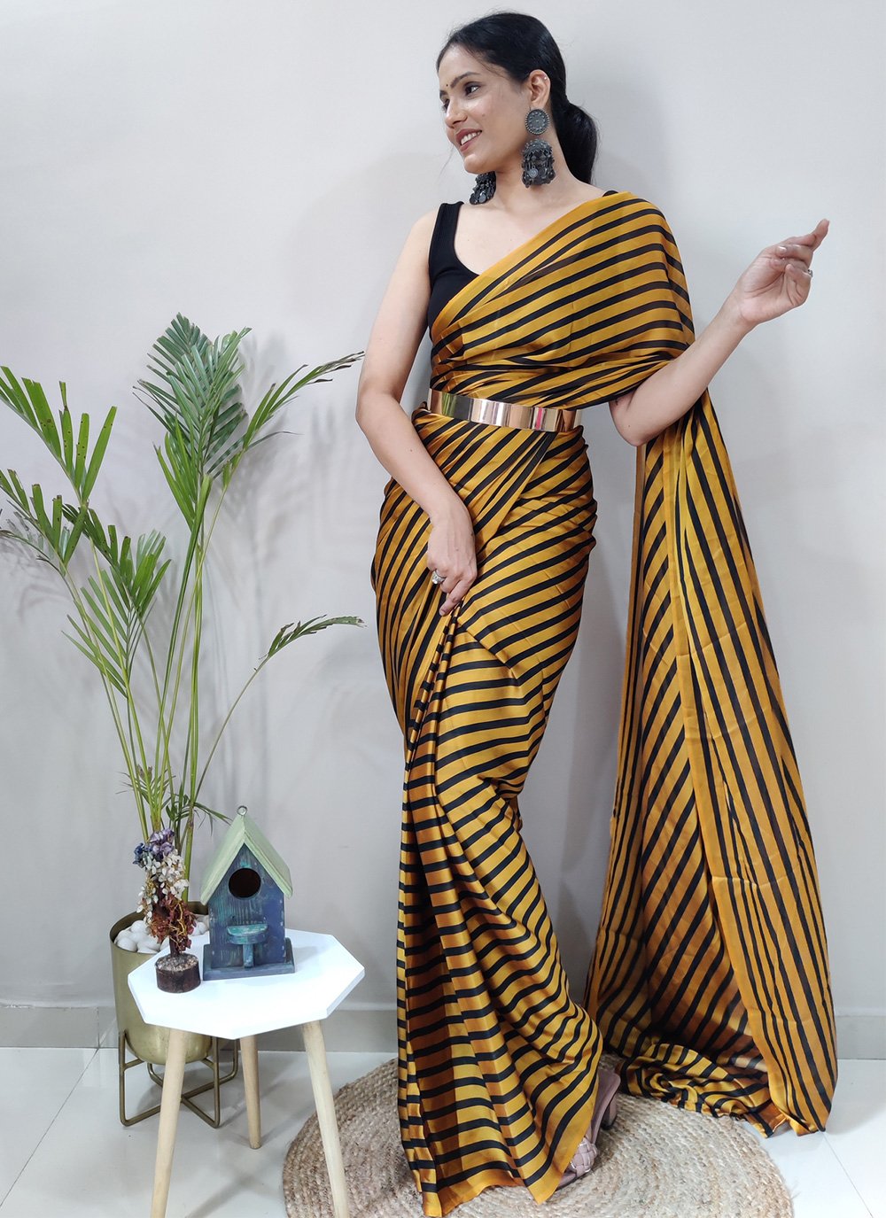 Trendy Saree Rangoli Silk Black Gold Strips Print Saree