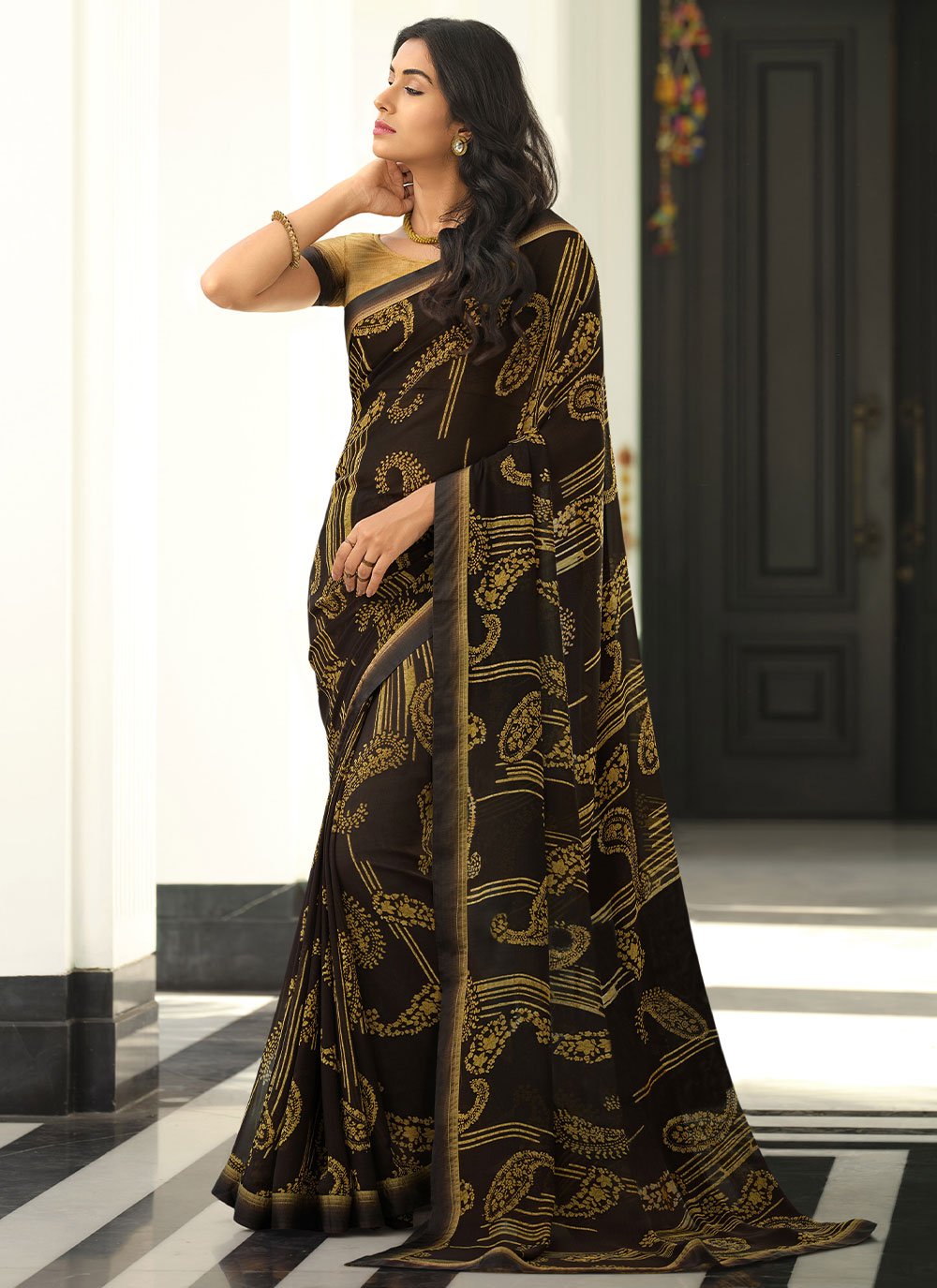 Trendy Saree Georgette Black Gold Lace Saree