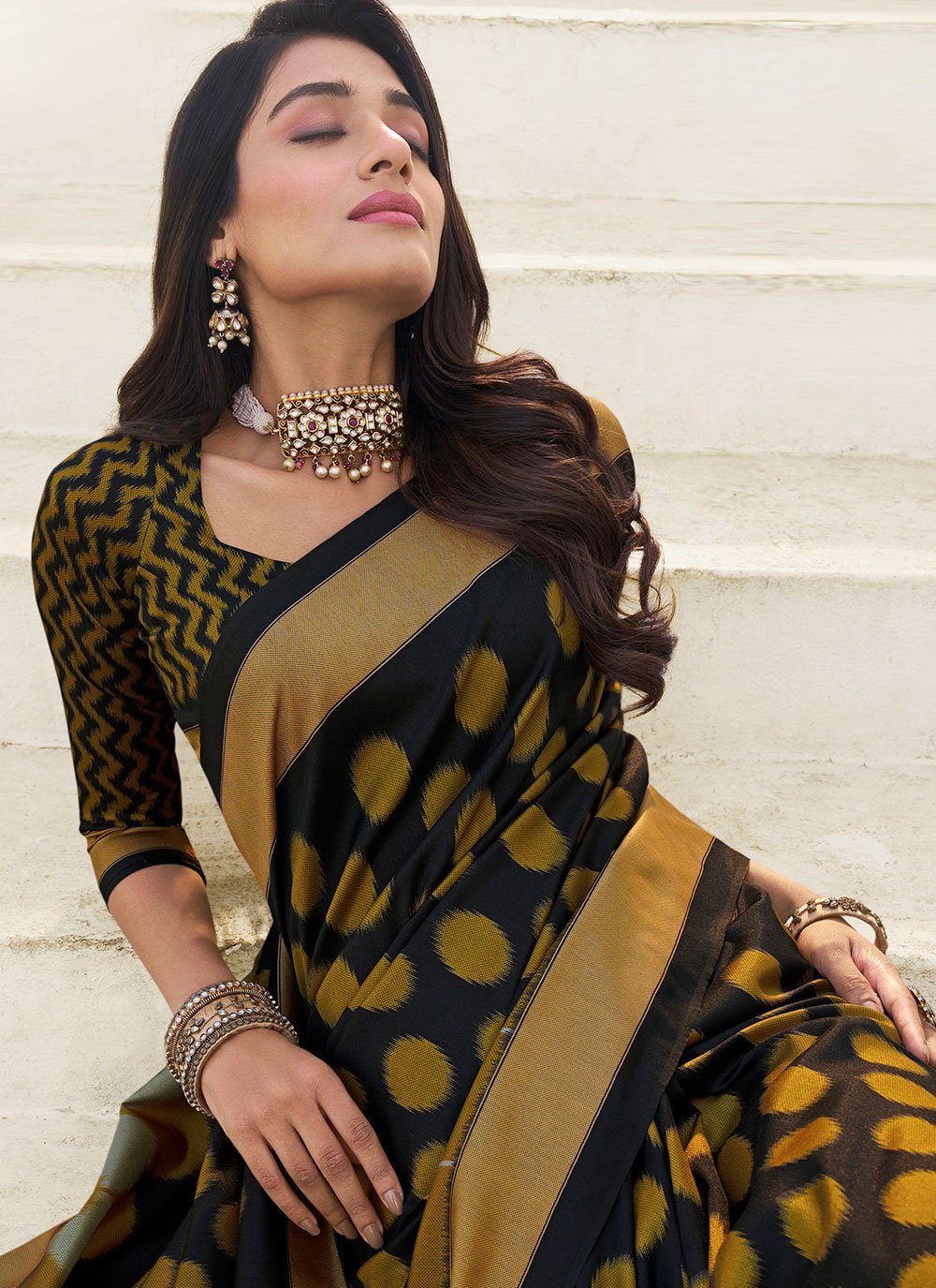 Trendy Saree Silk Black Gold Digital Print Saree