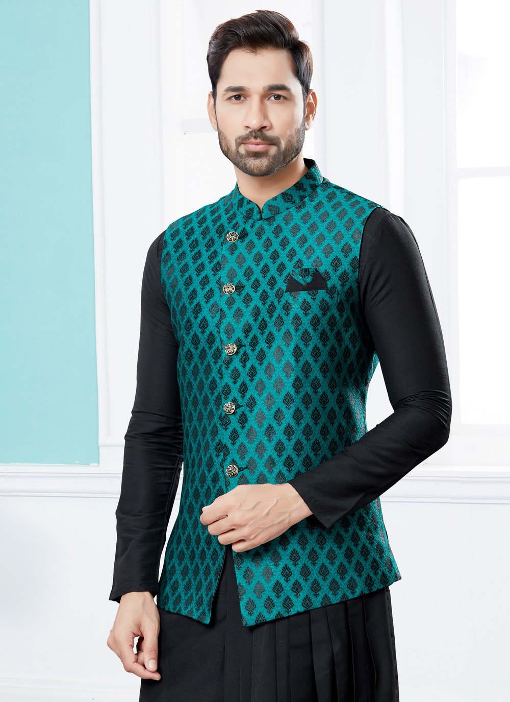 Indo Western Banarasi Silk Dupion Silk Black Green Jacquard Work Mens