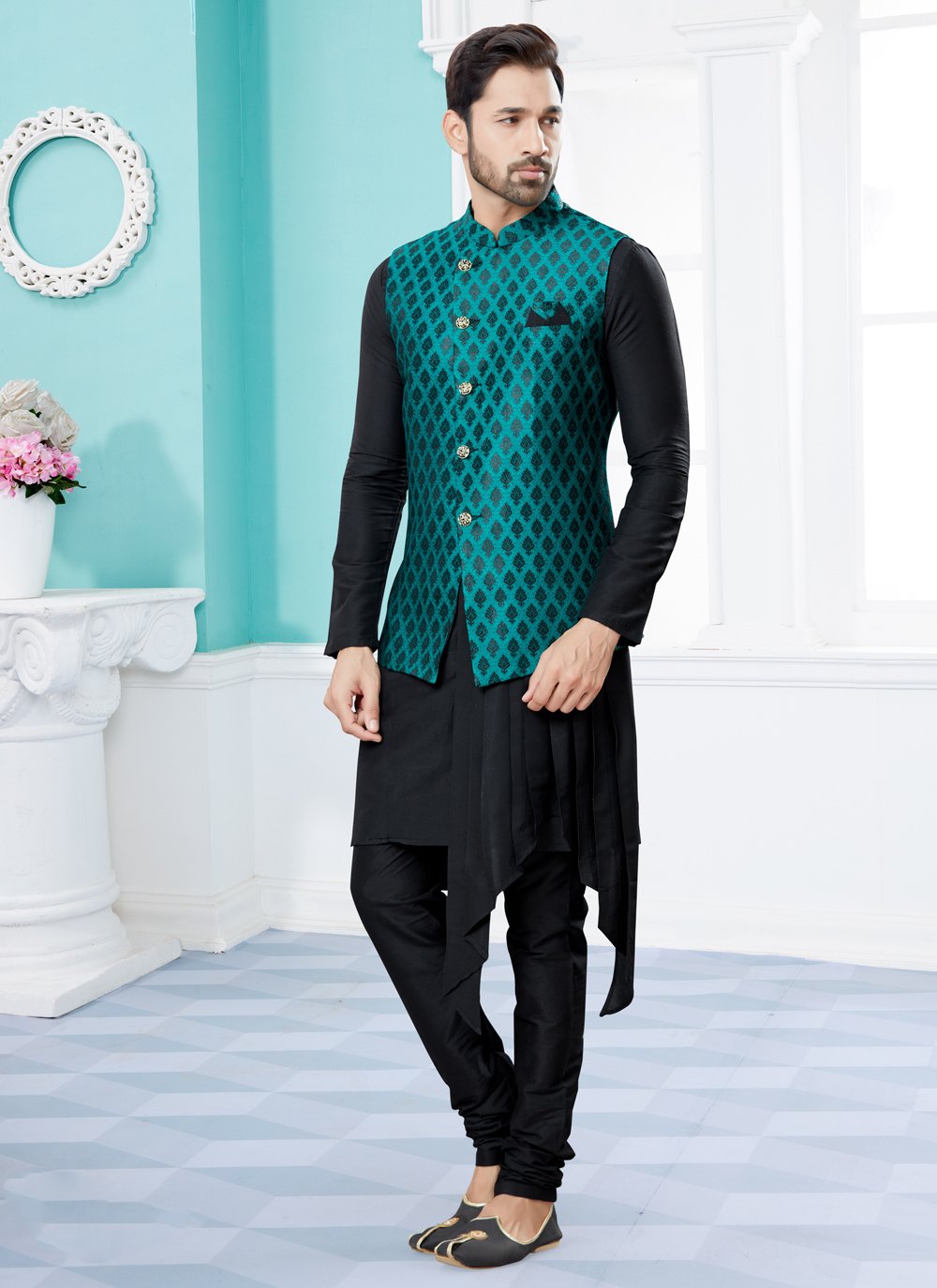 Indo Western Banarasi Silk Dupion Silk Black Green Jacquard Work Mens