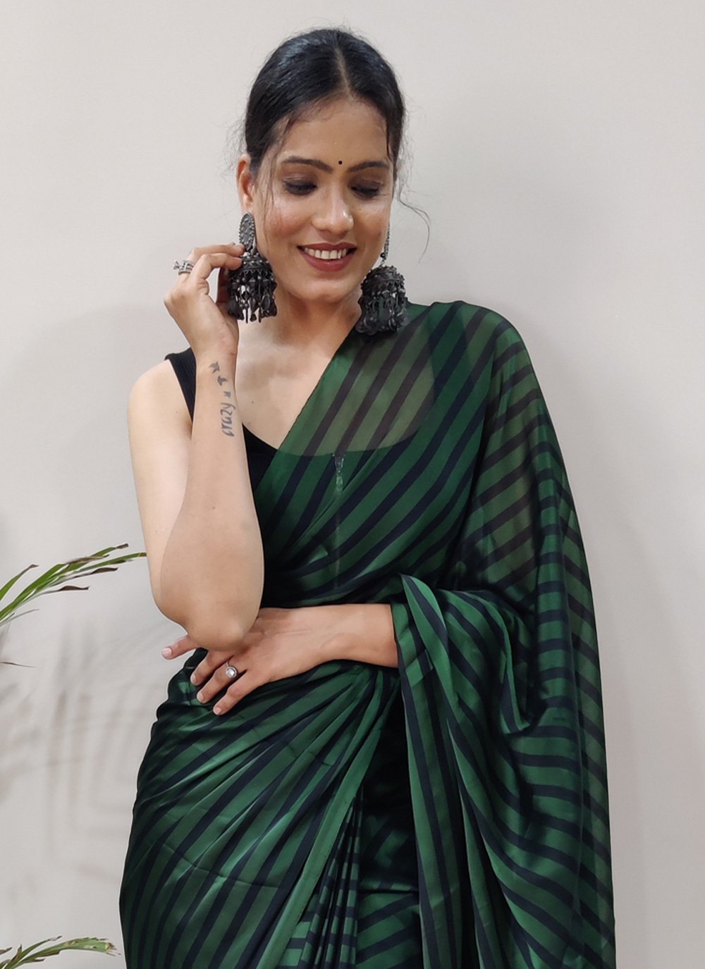 Classic Rangoli Silk Black Green Strips Print Saree