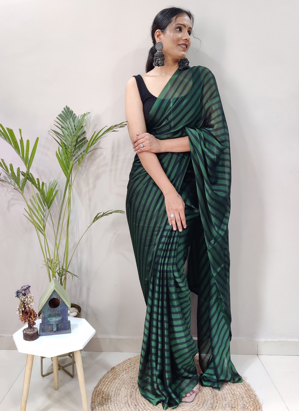 Classic Rangoli Silk Black Green Strips Print Saree