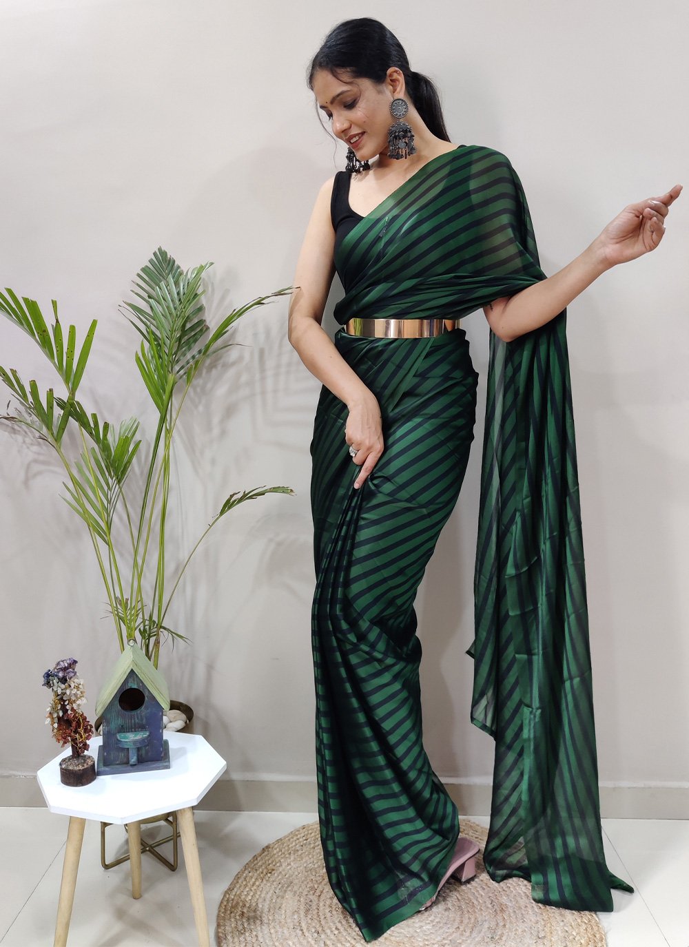 Classic Rangoli Silk Black Green Strips Print Saree