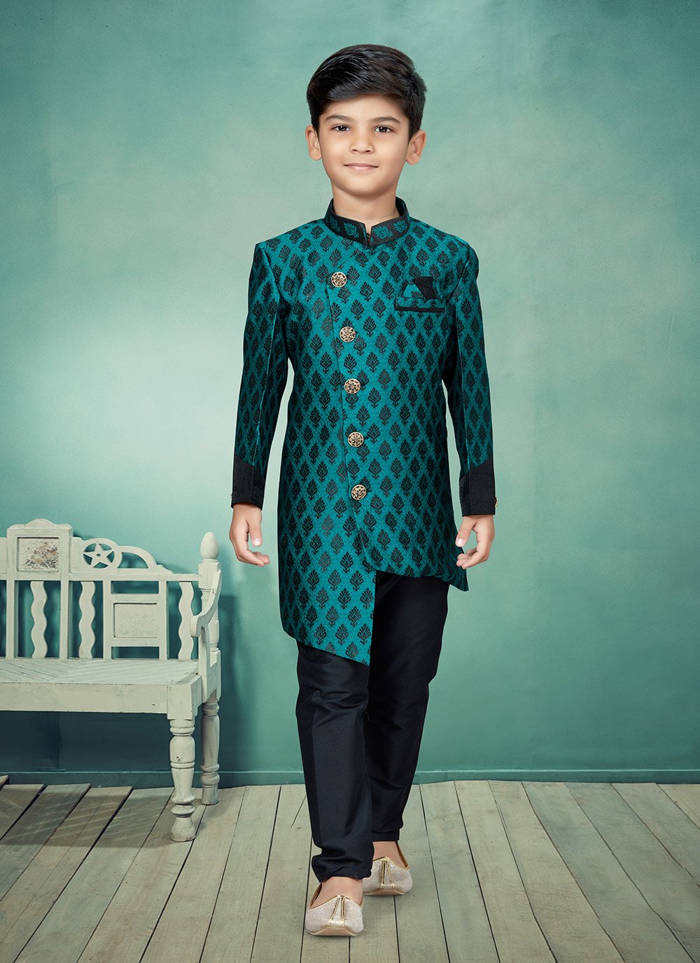 Indo Western Banarasi Jacquard Black Green Embroidered Kids