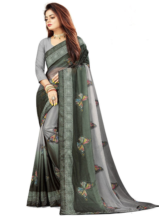 Contemporary Lycra Black Grey Fancy Work Saree