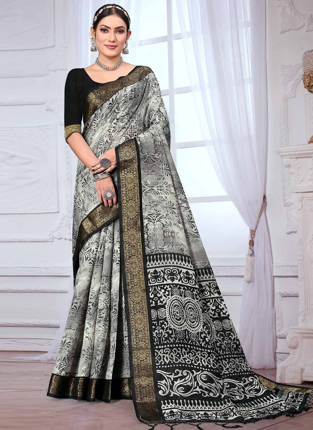 Contemporary Banarasi Silk Black Grey Patch Border Saree