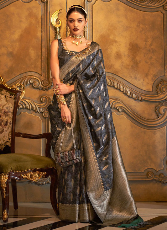 Contemporary Handloom Silk Satin Black Grey Weaving Saree