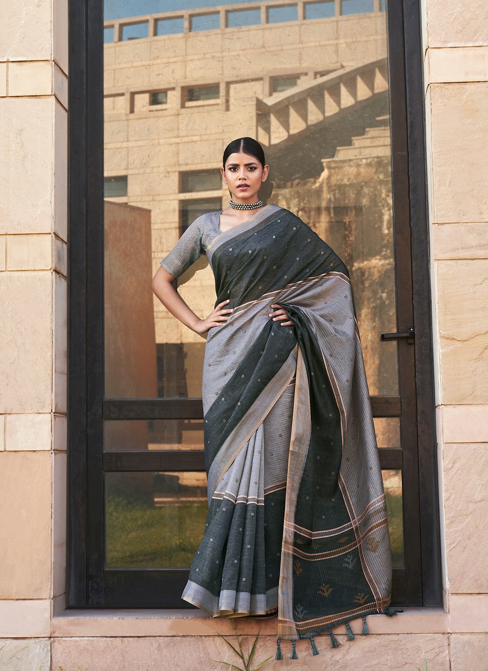 Classic Silk Black Grey Digital Print Saree