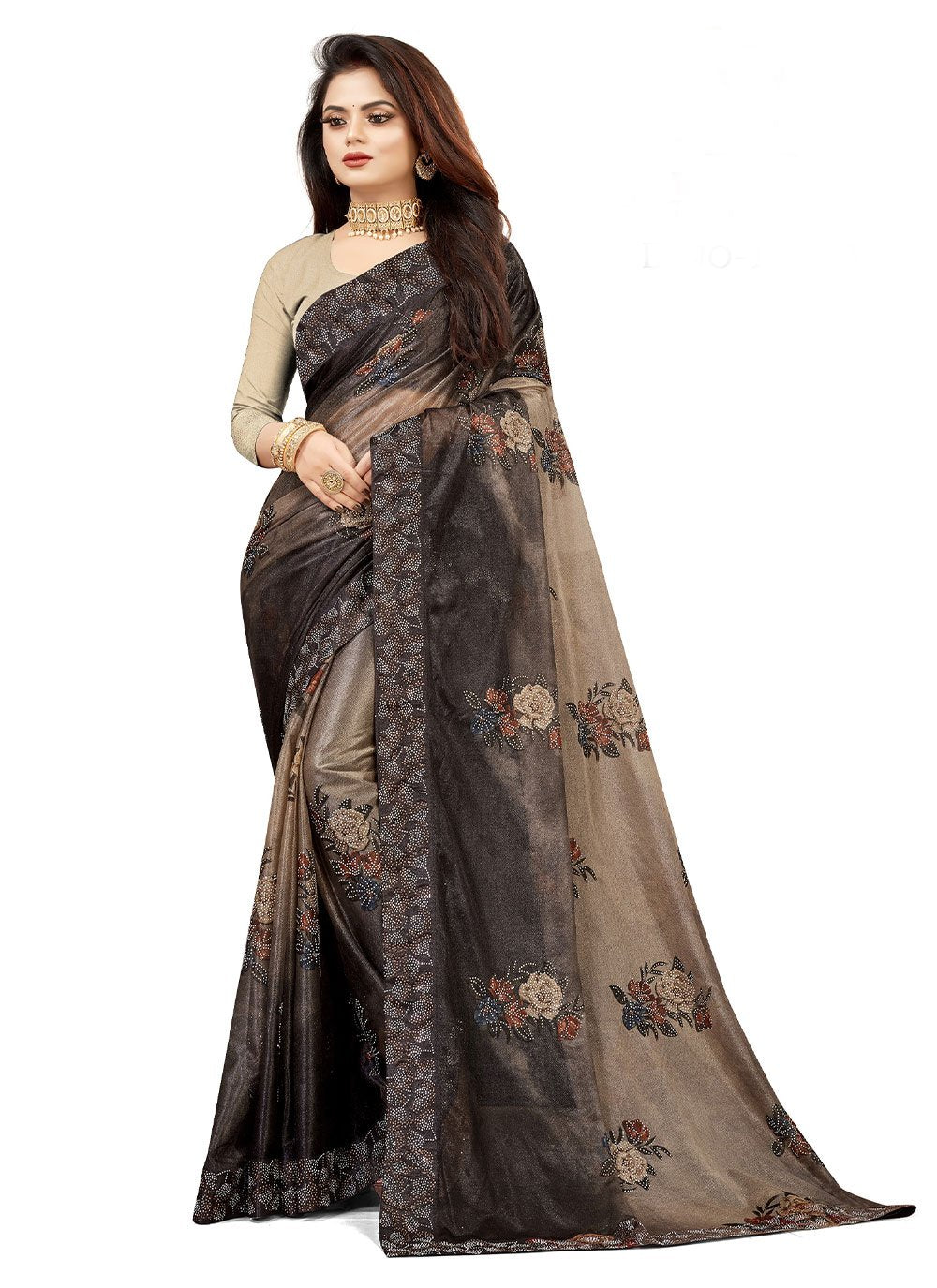 Contemporary Lycra Black Grey Digital Print Saree