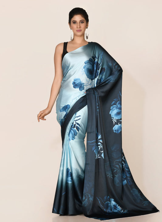 Shaded Saree Satin Black Grey Digital Print Saree