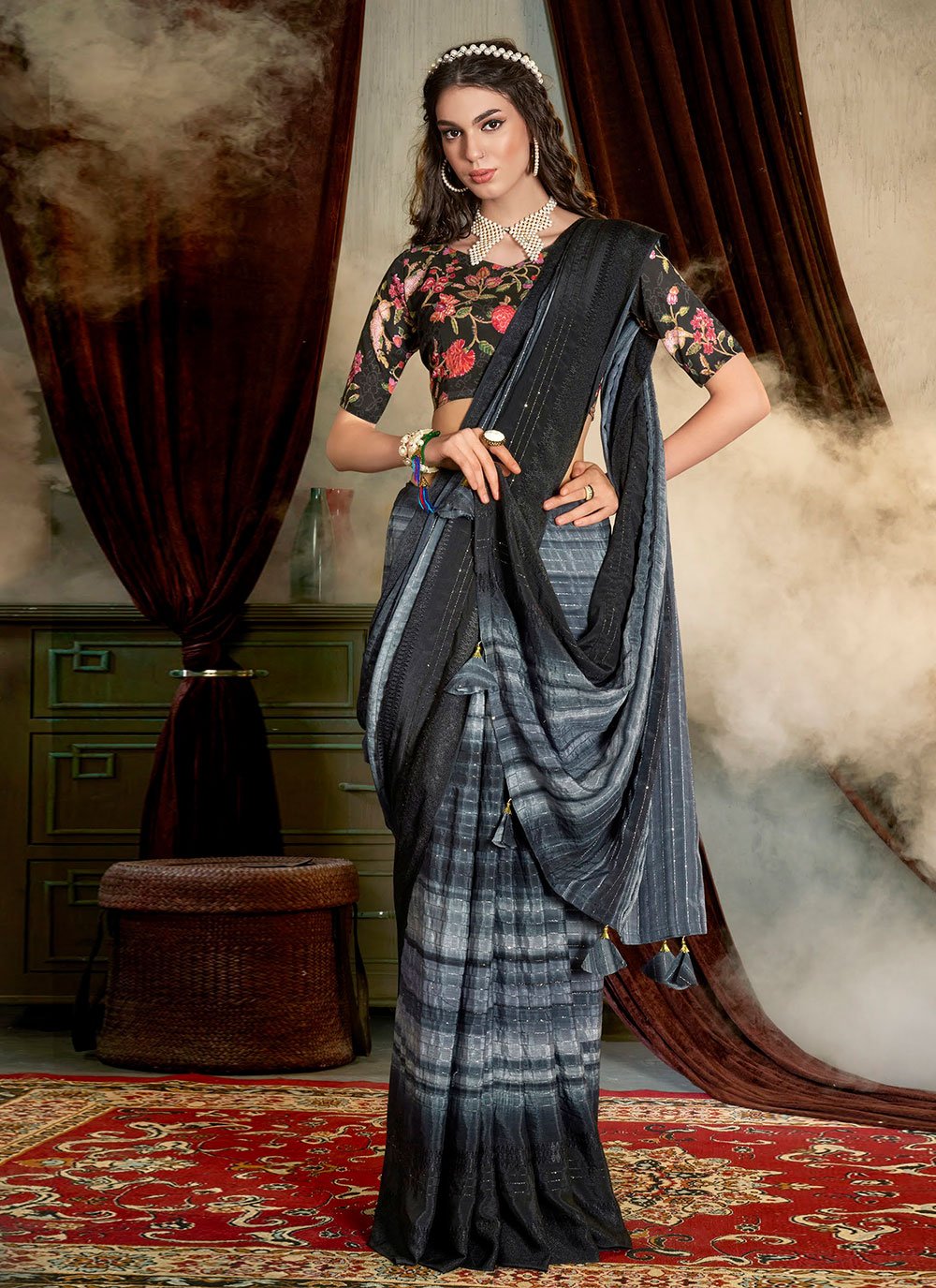 Classic Chinon Black Grey Print Saree