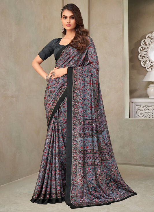 Classic Faux Crepe Silk Black Grey Print Saree