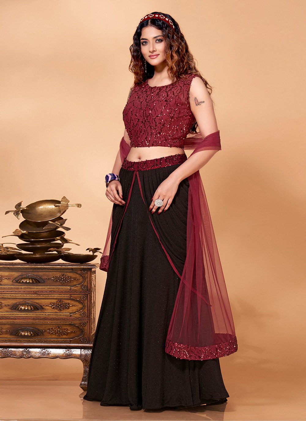 Lehenga Choli Fancy Fabric Imported Black Maroon Sequins Lehenga Choli