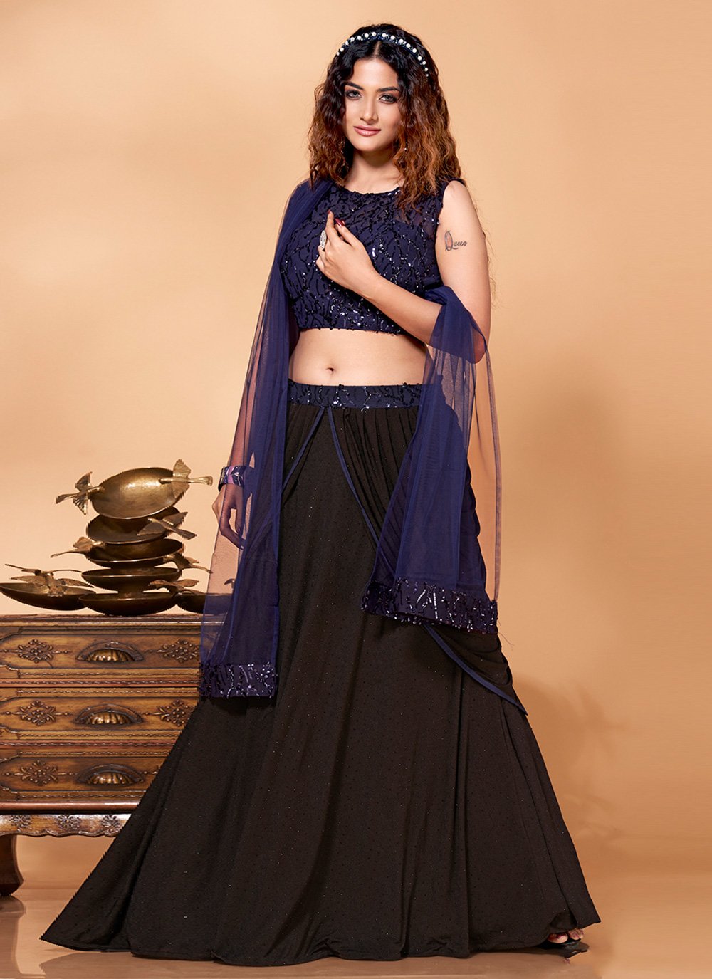 Lehenga Choli Fancy Fabric Imported Black Blue Sequins Lehenga Choli