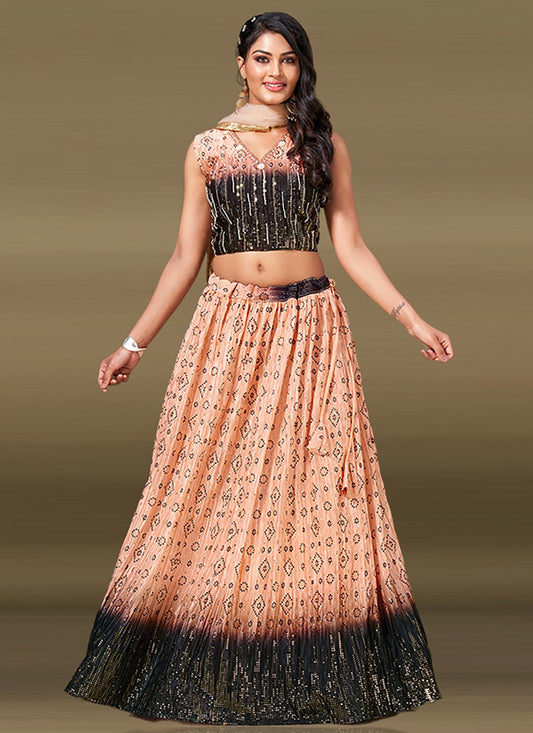 Readymade Lehenga Choli Chiffon Black Peach Mirror Lehenga Choli