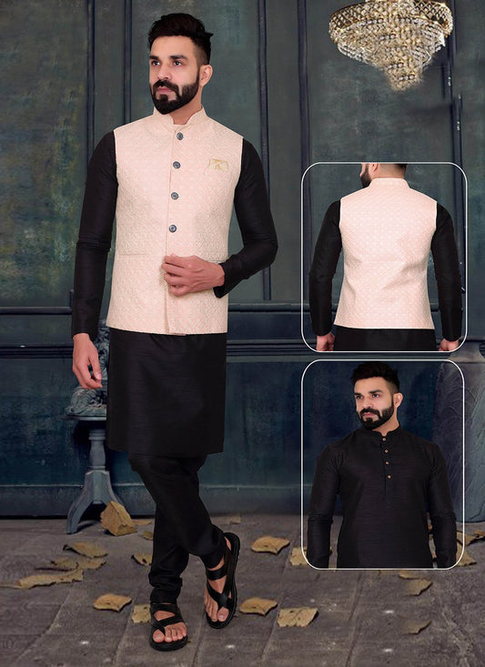 Kurta Payjama With Jacket Lucknowi Black Peach Embroidered Mens