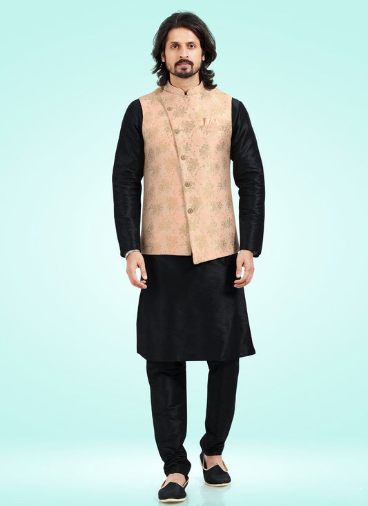 Kurta Payjama With Jacket Banarasi Jacquard Black Peach Fancy Work Mens