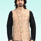 Kurta Payjama With Jacket Banarasi Jacquard Black Peach Fancy Work Mens