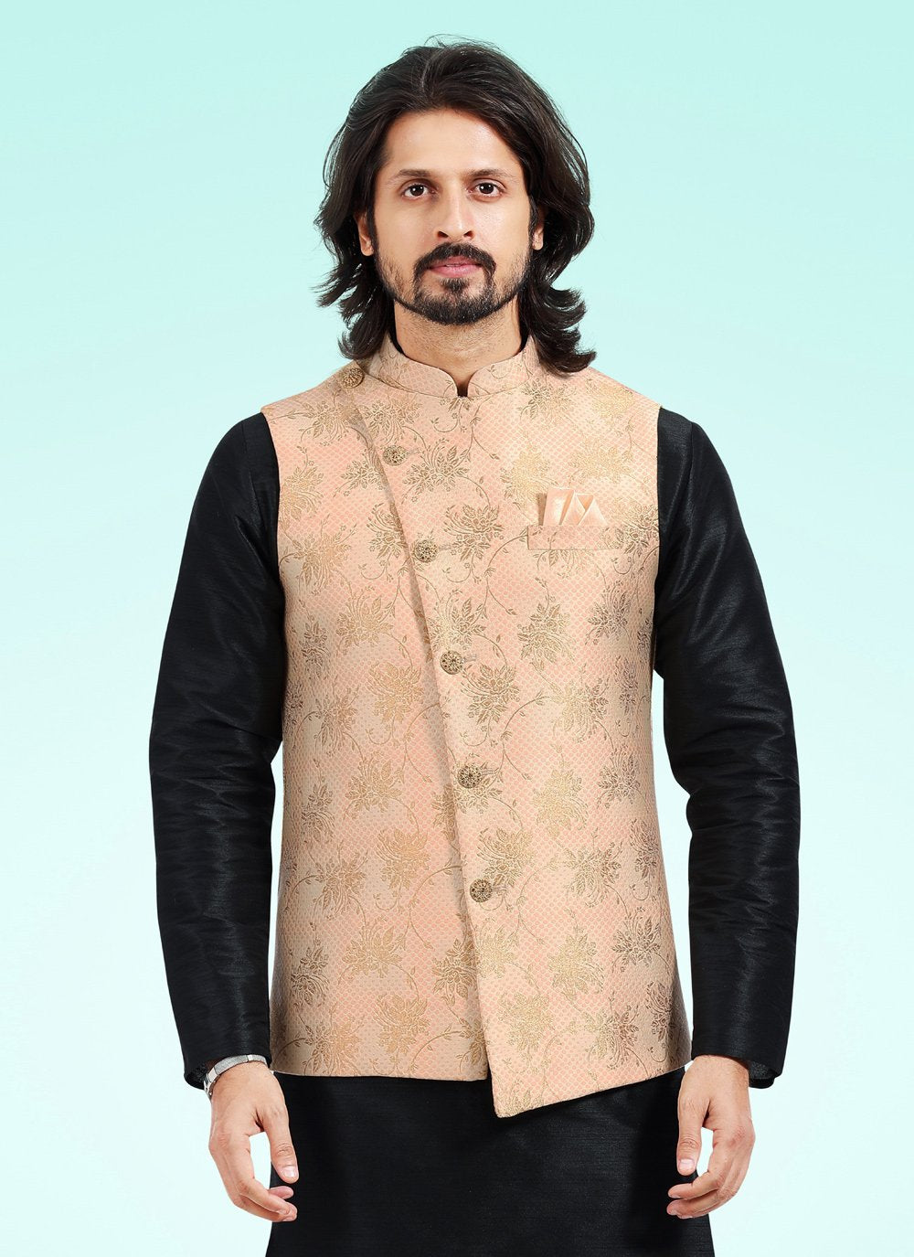 Kurta Payjama With Jacket Banarasi Jacquard Black Peach Fancy Work Mens