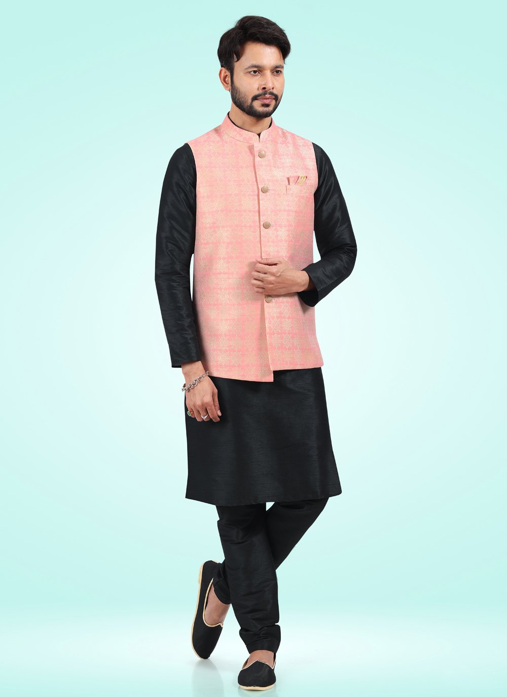 Kurta Payjama With Jacket Banarasi Jacquard Black Pink Fancy Work Mens