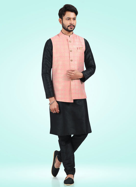 Kurta Payjama With Jacket Banarasi Jacquard Black Pink Fancy Work Mens