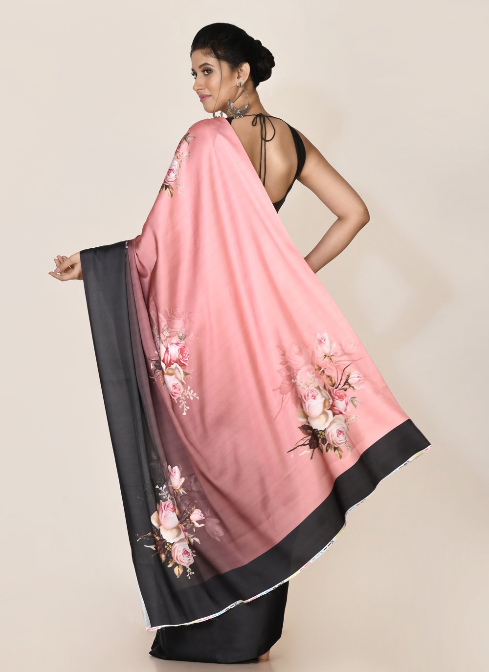 Designer Satin Black Pink Digital Print Saree