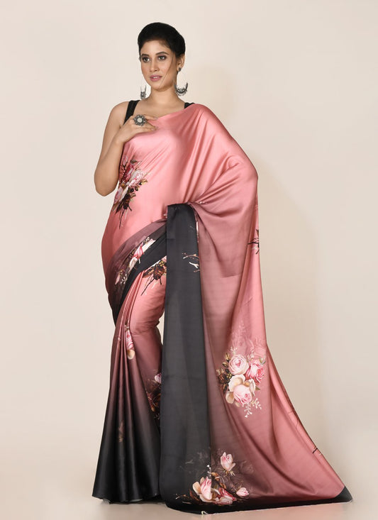 Designer Satin Black Pink Digital Print Saree