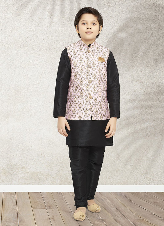 Kurta Payjama With Jacket Banarasi Silk Black Pink Print Kids