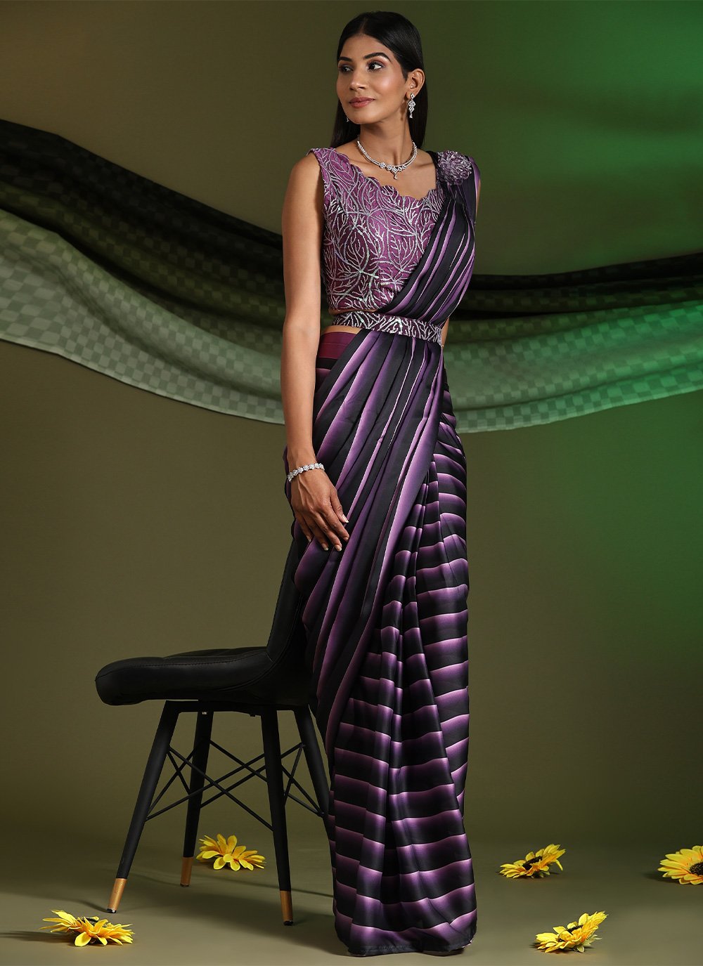 Classic Georgette Satin Black Purple Embroidered Saree