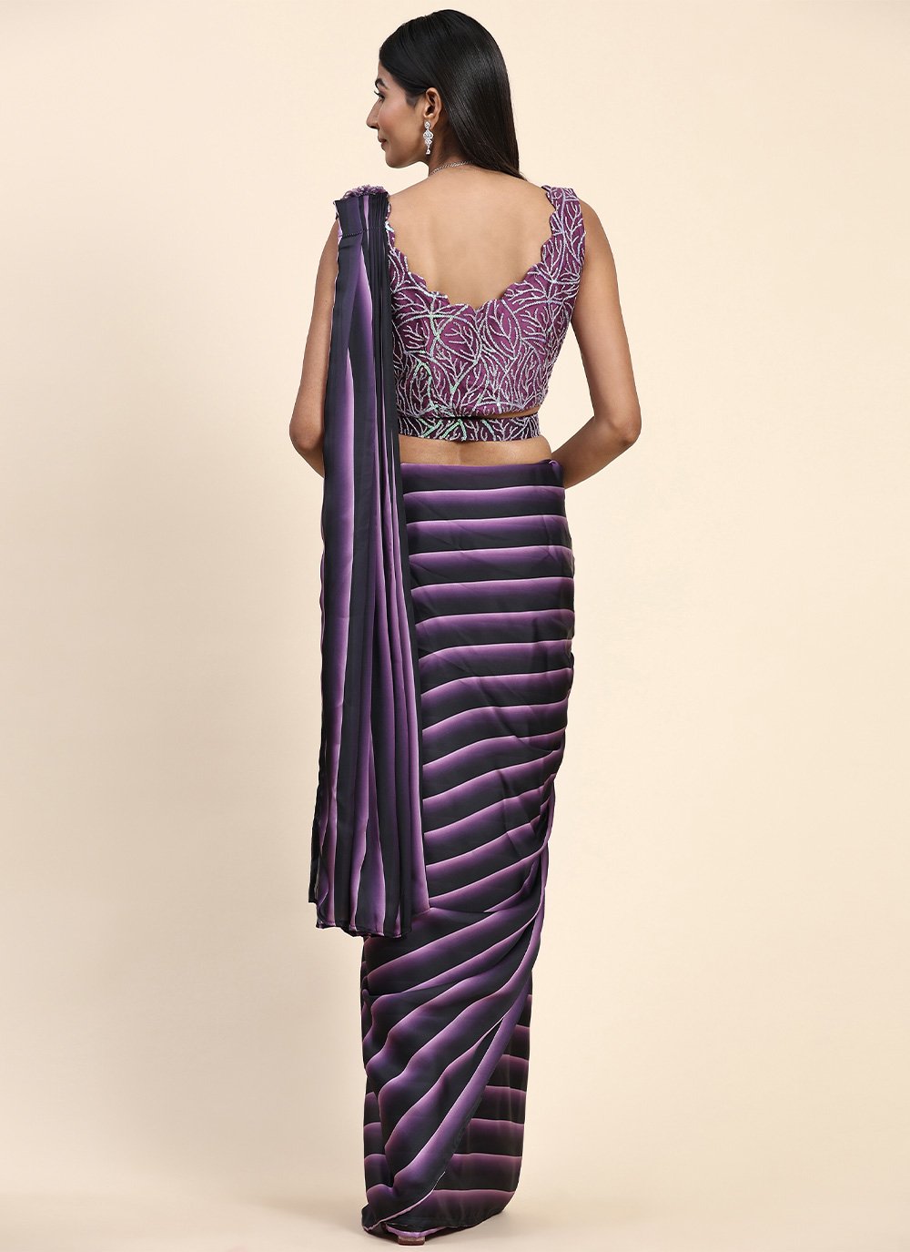 Classic Georgette Satin Black Purple Embroidered Saree