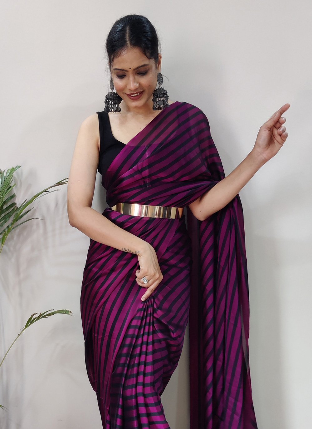 Classic Rangoli Silk Black Purple Strips Print Saree