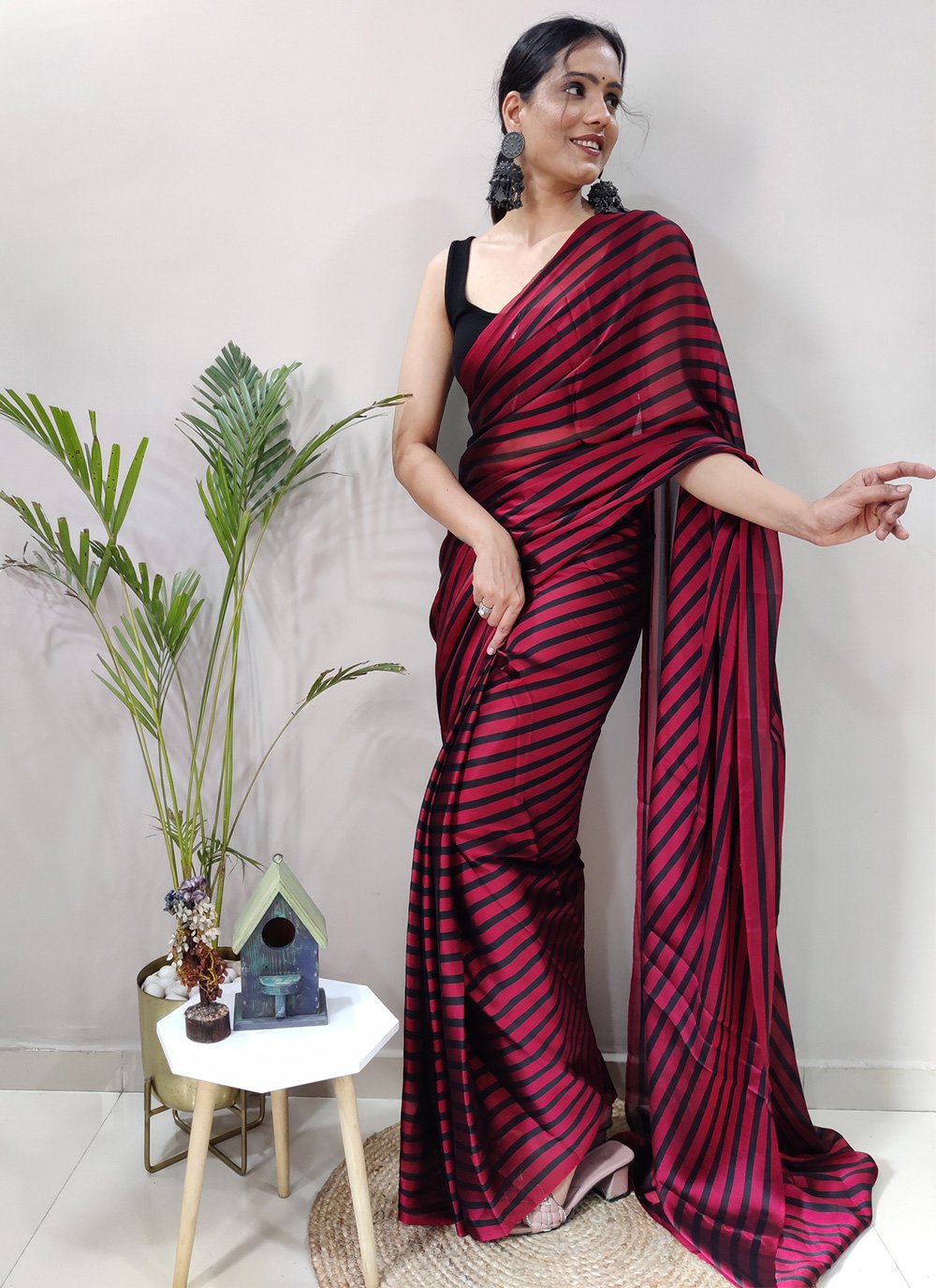 Classic Rangoli Silk Black Purple Strips Print Saree